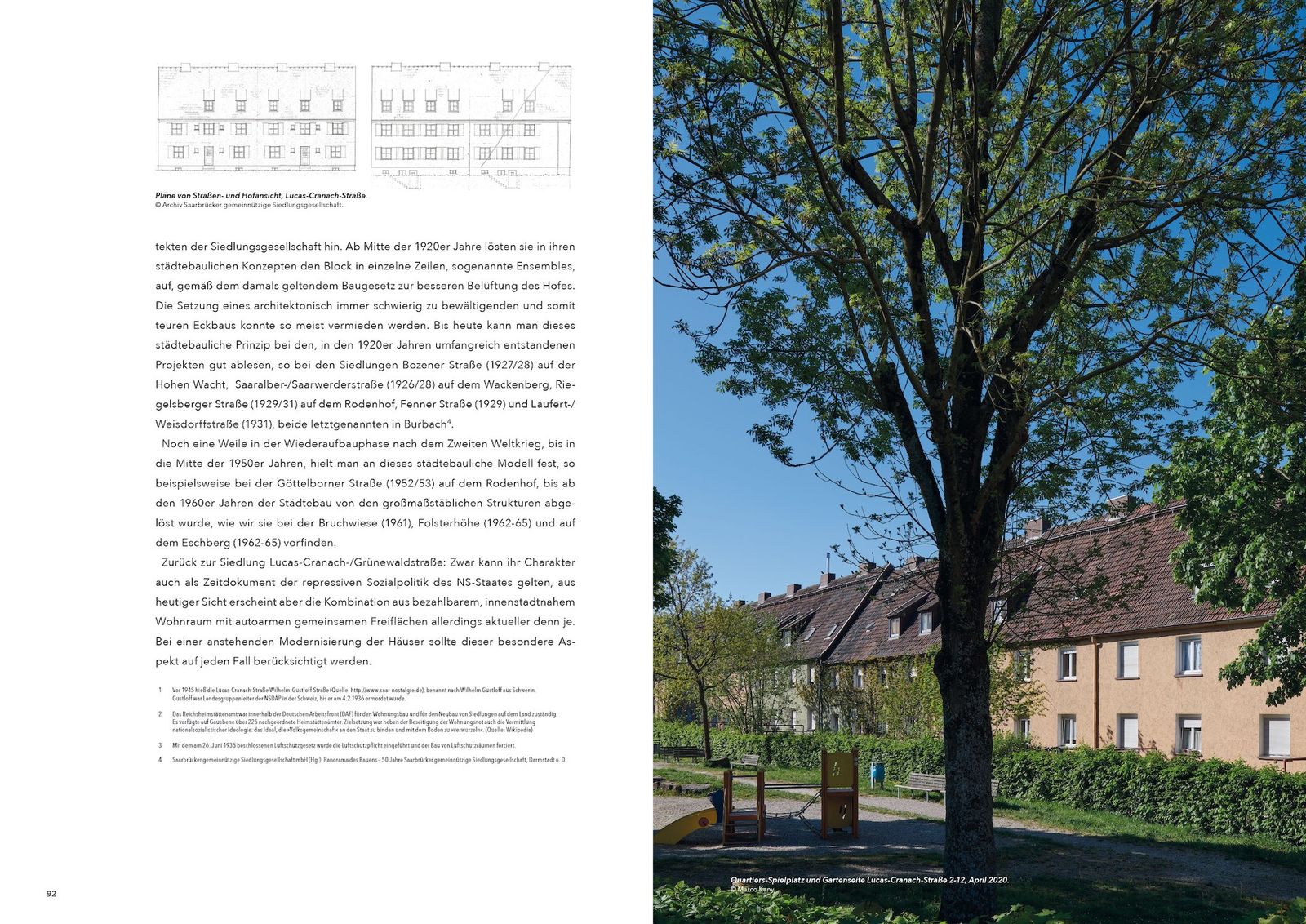 Doppelseite aus »100 Jahre Saarbrücker gemeinnützige Siedlungsgesellschaft« (S. 92–93)