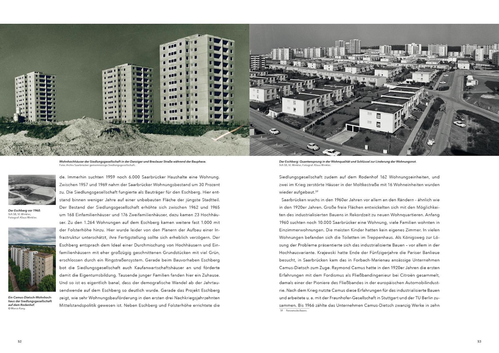 Doppelseite aus »100 Jahre Saarbrücker gemeinnützige Siedlungsgesellschaft« (S. 52–53)