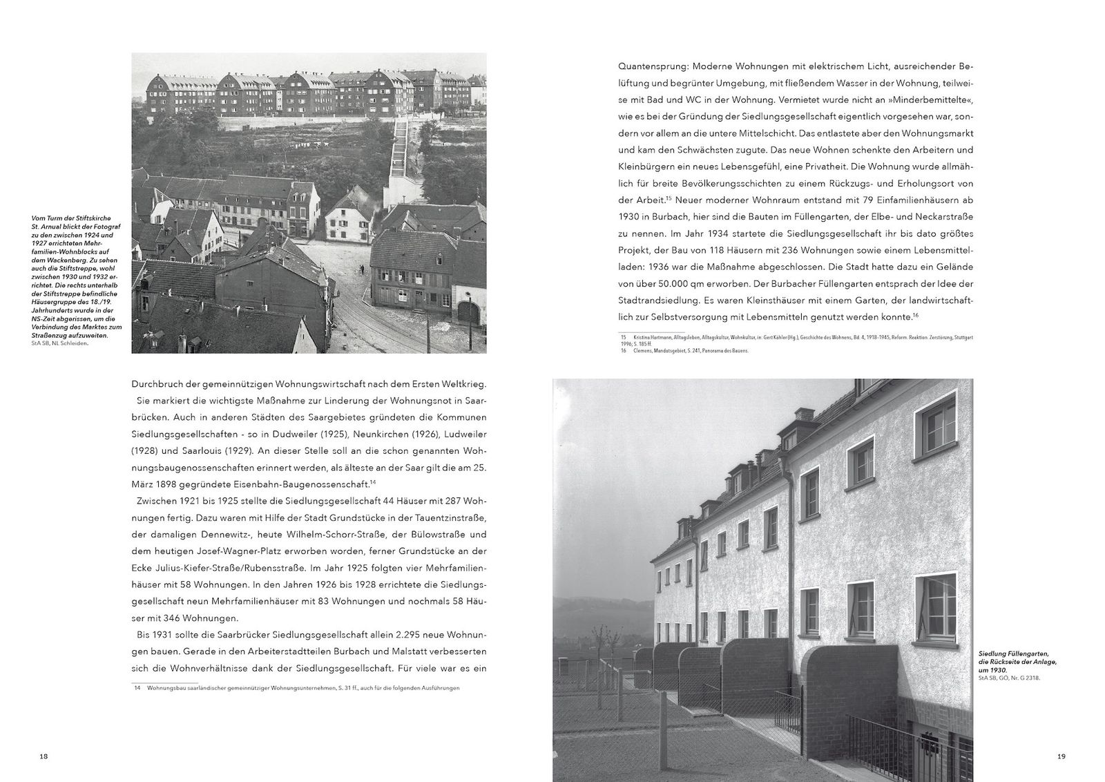 Doppelseite aus »100 Jahre Saarbrücker gemeinnützige Siedlungsgesellschaft« (S. 18–19)